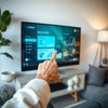 Hand tapping an intuitive smart home dashboard on a sleek screen in a modern living room