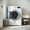 Modern front-loading washing machine with clean towels in a bright laundry room