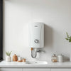 Wall-mounted 15L water heater geyser with visible piping in a clean home utility room
