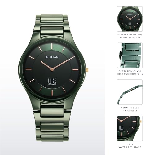 Titan Edge Ceramic Green Dial Analog Quartz Watch With Ceramic Strap For Men
