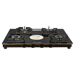 Faber Stylish 4 Brass Burners 69cm Sleek Cooktop |Manual Ignition|MS Powder Coated Pan Support|Black Glass Finish|5 Yrs Warranty Glass & Burners|2 Yrs Comprehensive & Valve| Cooktop Prince Plus 4BB BK