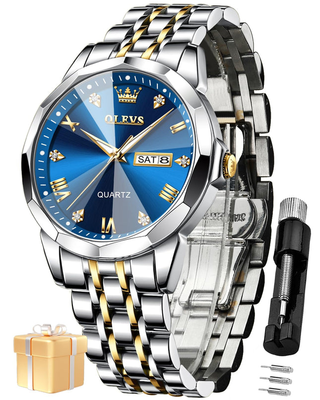 OLEVS Watch for Men Analog Quartz Dress Diamond Business Watches Two Tone Stainless Steel Waterproof Luminous Date Luxury Wrist Watch Man Gold Blue
