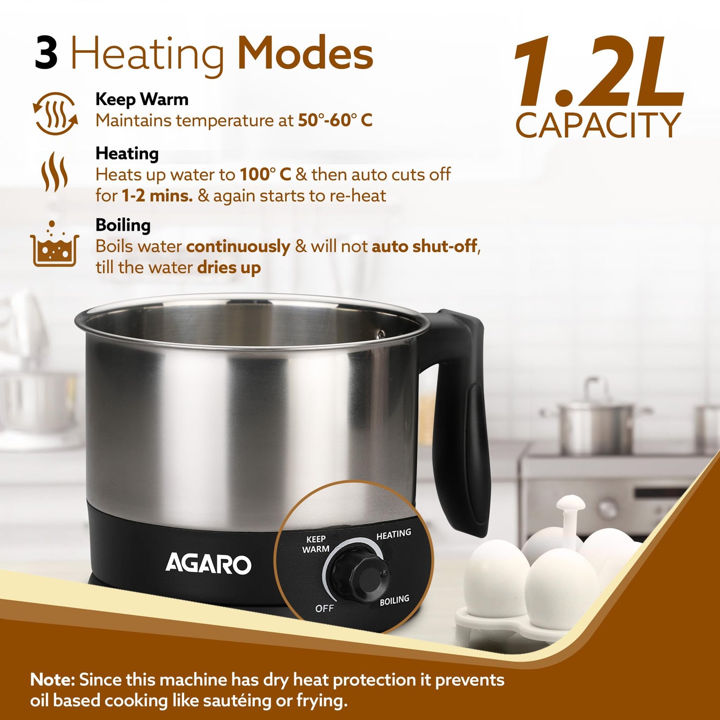 AGARO Esteem Electric Multi Kettle 1.2L, 600W, with Stainless Steel Body, Egg Rack, Grill Rack, 3 Heating Modes & Rapid Boil Technology, Boiling Water and milk, Tea, Coffee, Oats, Noodle, Soup