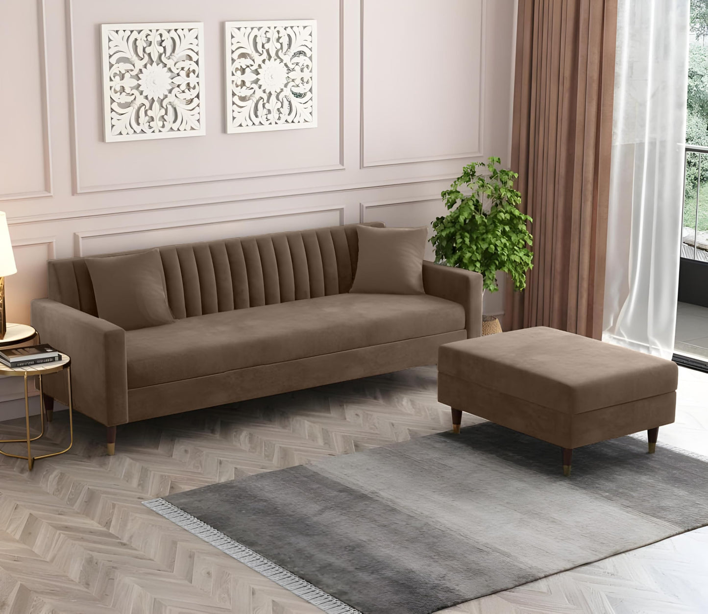 AMATA Elegant 4 Seater Sofa with Two Cushions Perfect for Home Office Guests Living Room (L Shape, Camel)(3 Year Warranty)