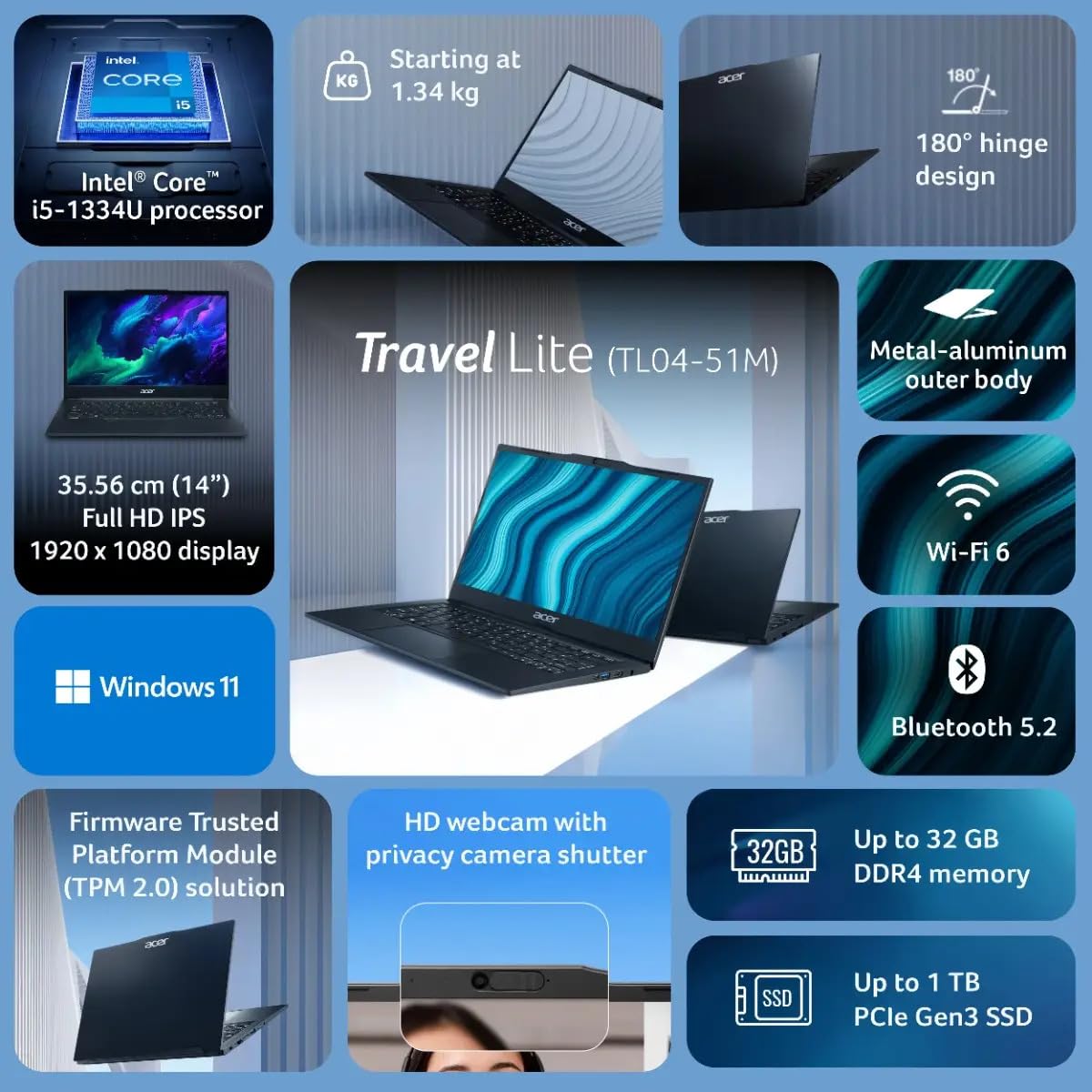 acer TravelLite Smart FHD TL04-51M Laptop, Intel Core i5 1334u 13th Gen 8 Core with 16GB Ram / 512GB NVMe SSD/Intel Iris Xe Graphics/Windows 11 / MS-Office / 14 Inch / 1 Year Brand Warranty