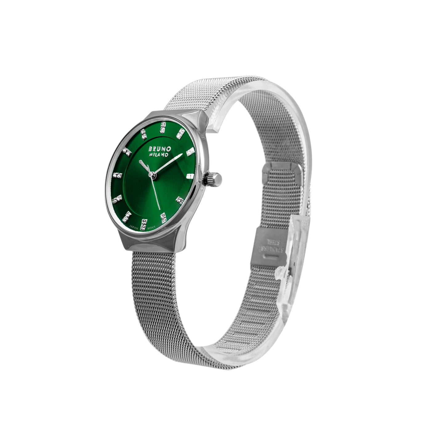 BRUNO MILANO Stylish Analogue Watches Silver Dial Shiny Silver Band for Women and Girls (Green)
