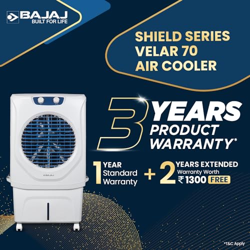 Bajaj Shield Series Velar 70L Desert Air Cooler For Home | Inverter Compatible | 80Ft Air Throw | Dual Side Water Inlet | Ice Chamber | 3 Yrs Warranty (1 Yr Standard + 2 Yrs Extended Warranty)【White】