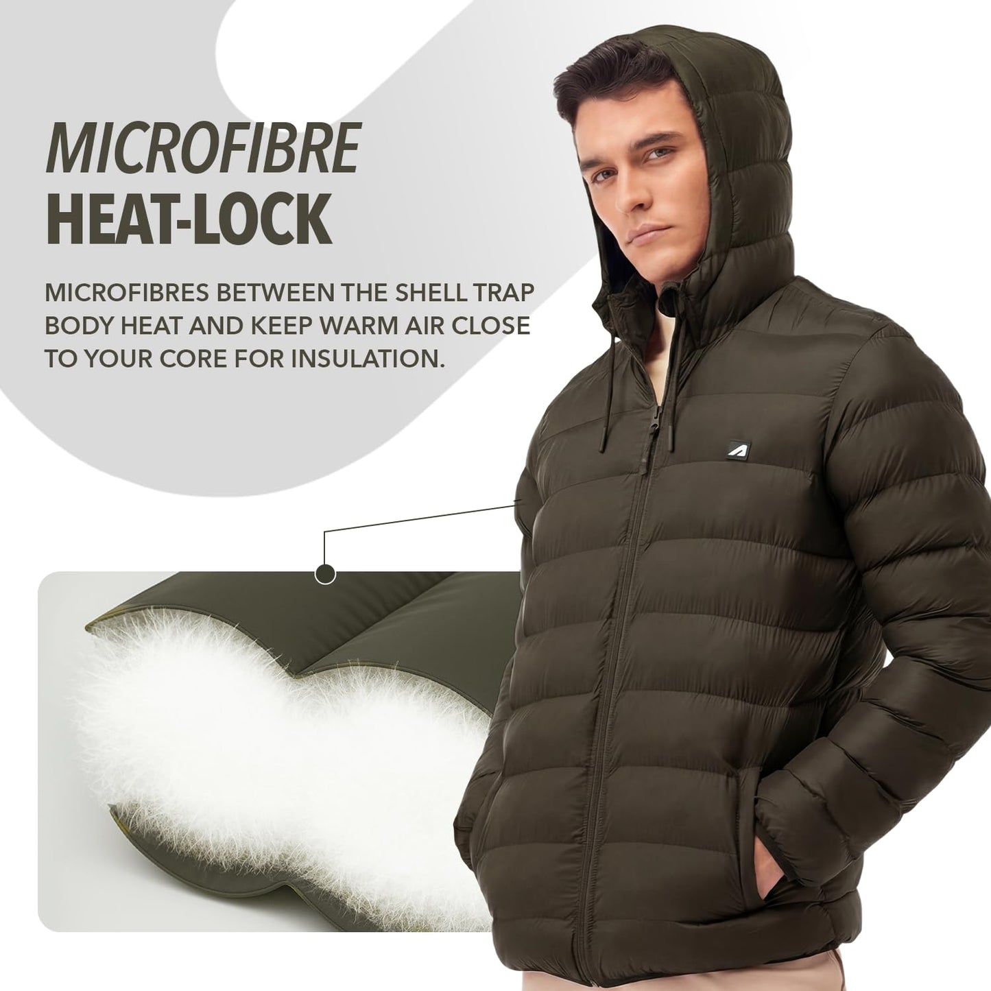 Boldfit Olive Puffer Jacket For Men Hooded Insulated Winter Jacket Size M