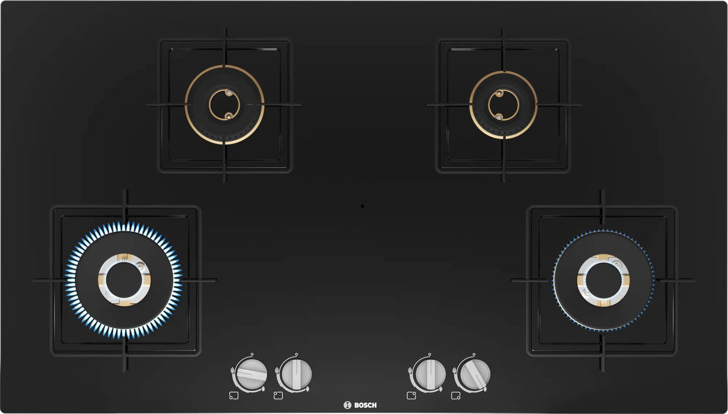 Bosch Built in Gas Hob Black Tempered glass Glass 4 Burner Auto Ignition 90 cm True Brass 2D Ring Burners with Glossy Black Heat Shields & Enameld pan supports (PNF9B6F10I)