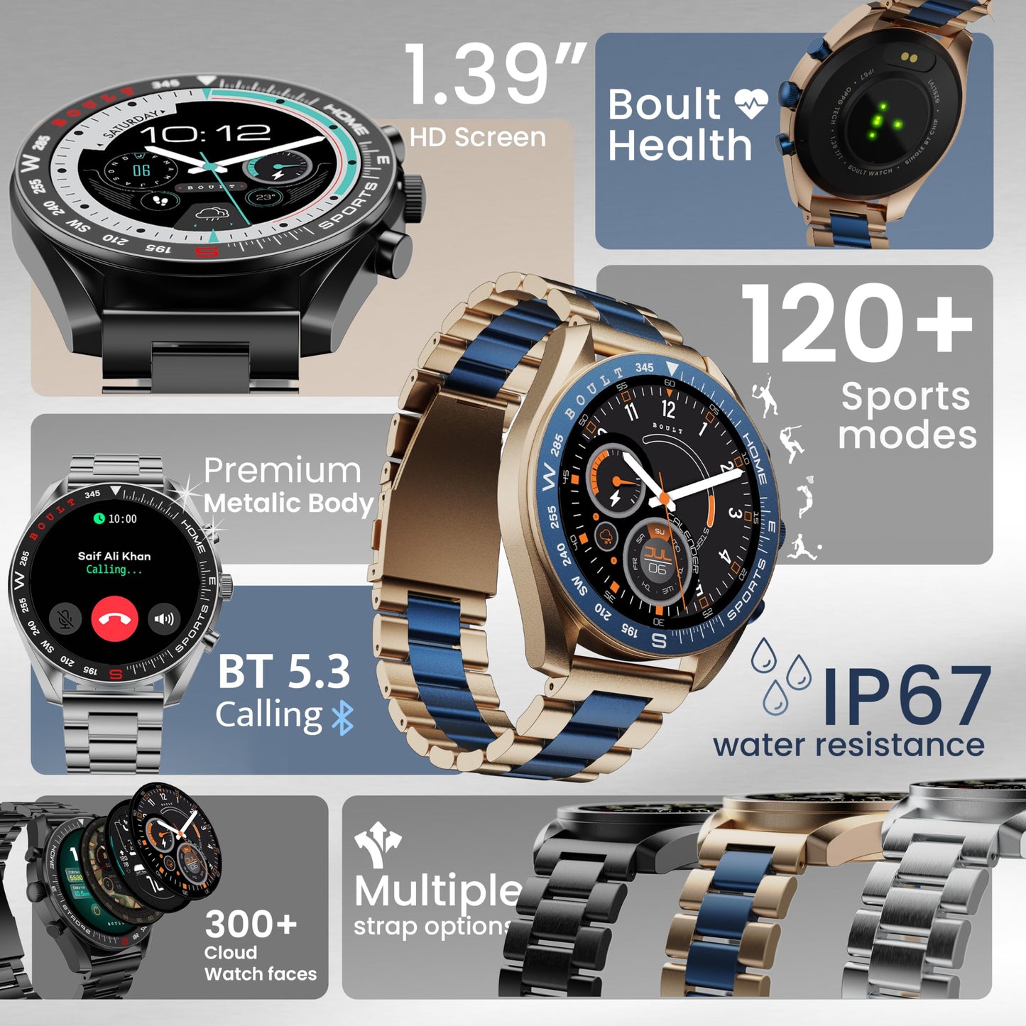 Boult Newly Launched Mirage Smart Watch 1.39''HD Screen, Bluetooth Calling, IP67, Zinc Alloy Frame, 500 Nits Brightness, AI Voice Assistant, SpO2 Monitoring, 120+ Sports Mode (Amber Blue)