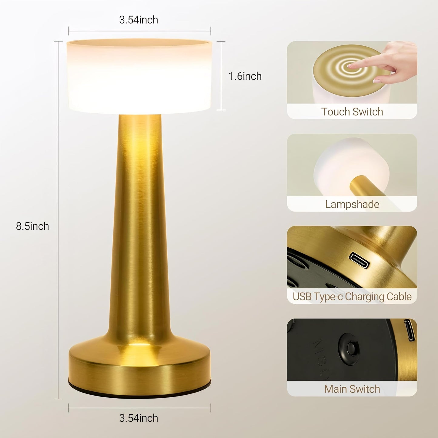 CLAPONE LED Table Lamp – Touch Control with 3 Brightness Levels & 3 Color Modes | Rechargeable Metal Desk Lamp for Bedroom, Nightstand, Living Room, Office & Study Table (Gold White, 1 Pcs)