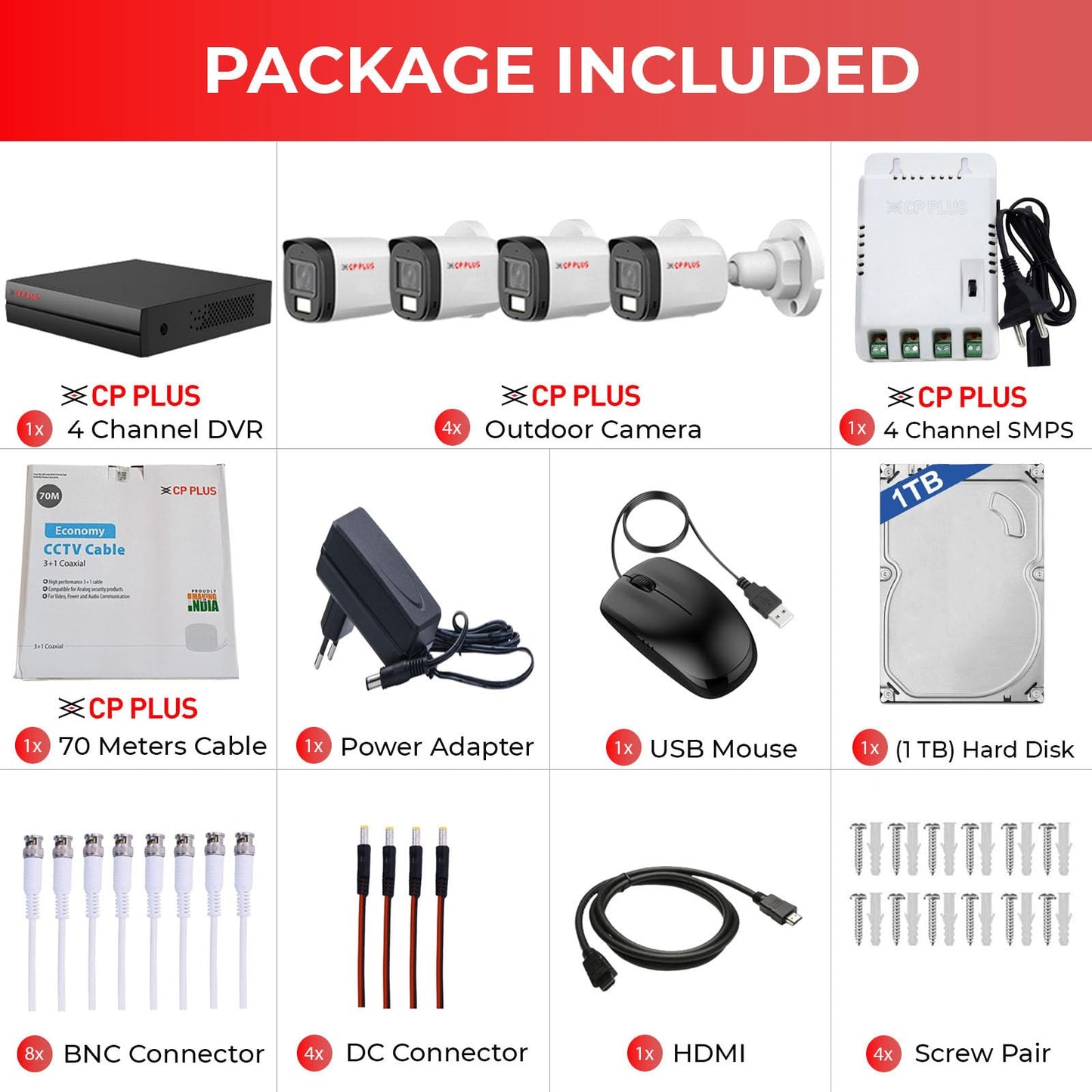 CP PLUS 4 channel DVR with 2MP 4x OUTDOOR, Built-in Audio Mic, Dual Light Color Night Vision wired CCTV Cameras, Motion Detection, 4 Channel SMPS, 70 Meters CCTV Cable, 1TB HDD, Required BNC/DC, white