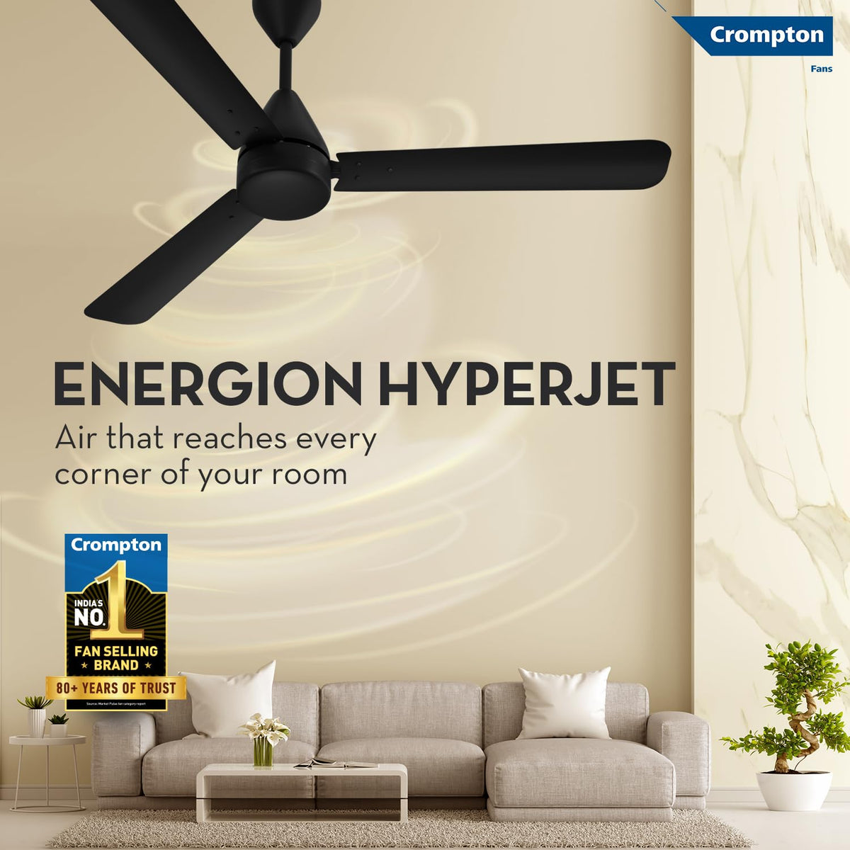 Crompton Energion Hyperjet 1200mm BLDC Ceiling Fan | Point Anywhere Remote Control | BEE 5 Star Rated Energy Efficient | Superior Air Delivery | Anti-Rust | 2 Year Manufacturer Warranty | Matte Black