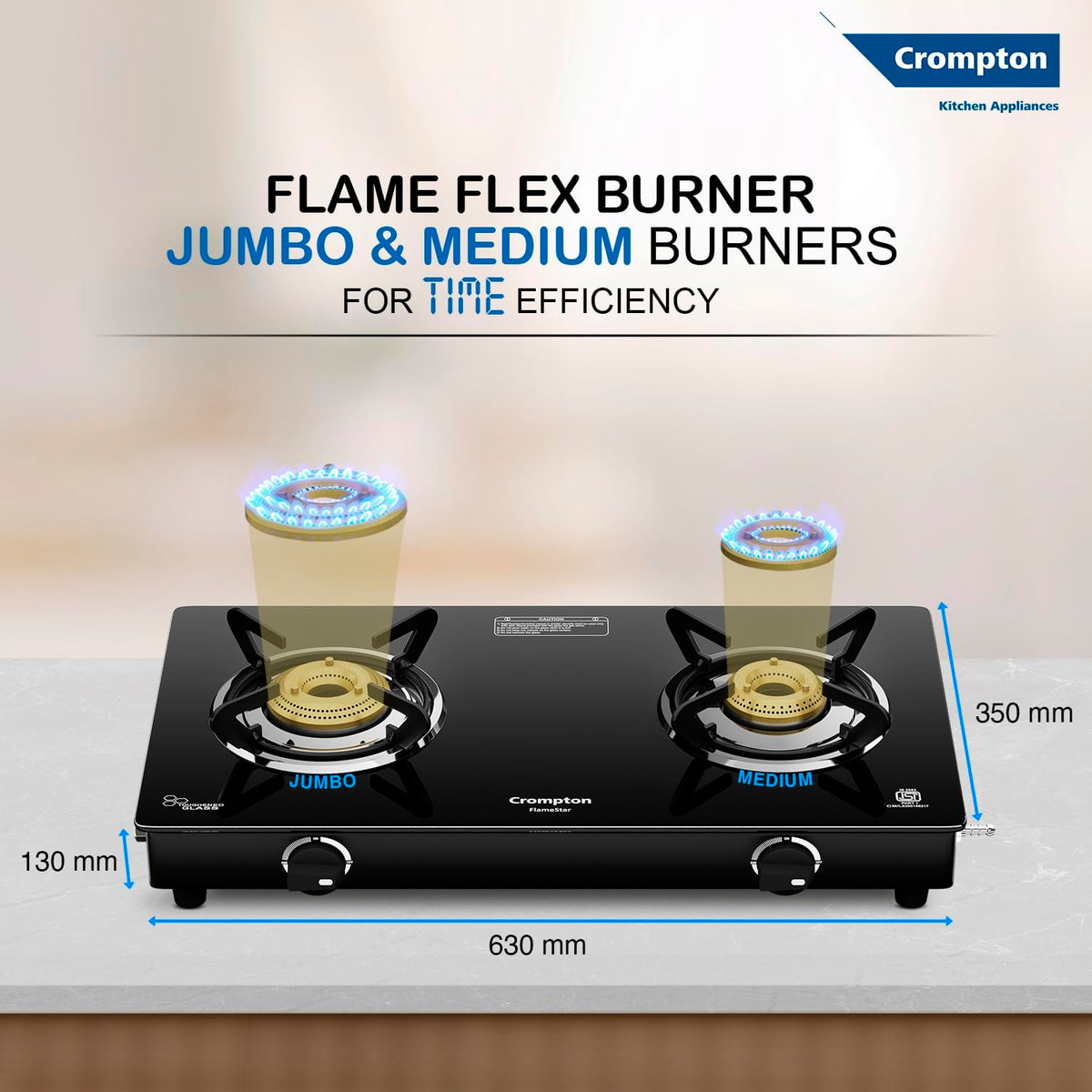 Crompton FlameStar 2 Burner Glass Top LPG Gas Stove | 1 Jumbo & 1 Medium Brass Burner | Max Space | Easy Cleaning | Toughened Glass | Tri Pin Burners | 2 Year Manufacturer's Warranty