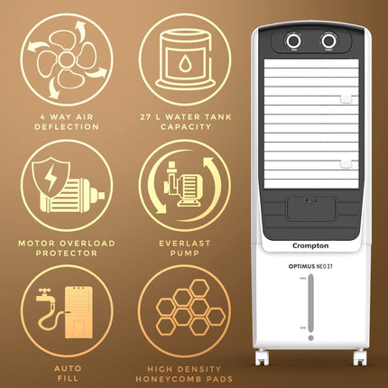 Crompton Optimus Neo 27 Litres Tower Air Cooler for home | Easy Clean Ice Chamber | 4-Way Air Deflection | High Density Honeycomb Pads | Everlast Pump | Inverter Compatible