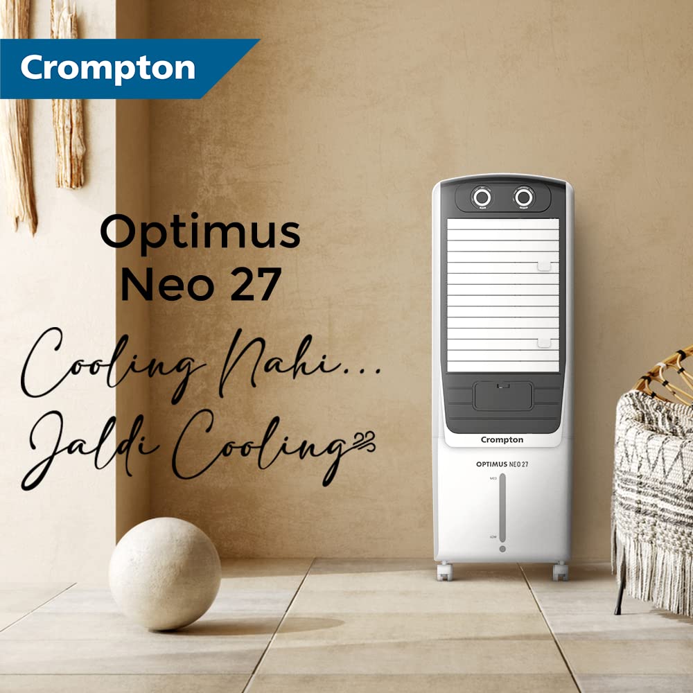 Crompton Optimus Neo 27 Litres Tower Air Cooler for home | Easy Clean Ice Chamber | 4-Way Air Deflection | High Density Honeycomb Pads | Everlast Pump | Inverter Compatible