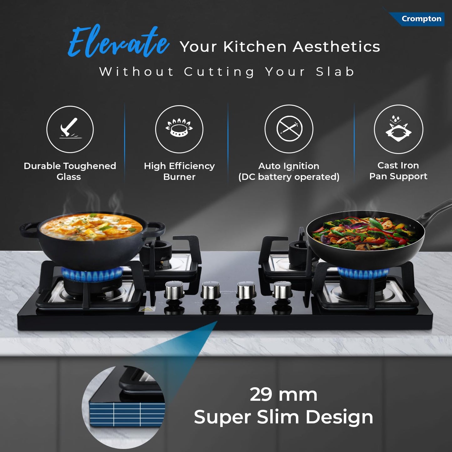 Crompton Superslim Hb TAB Super Slim 78 cm 4Br MBLK Tablet Hob With Toughened Glass (Tempered Glass, 4 Burner, Midnight Black)