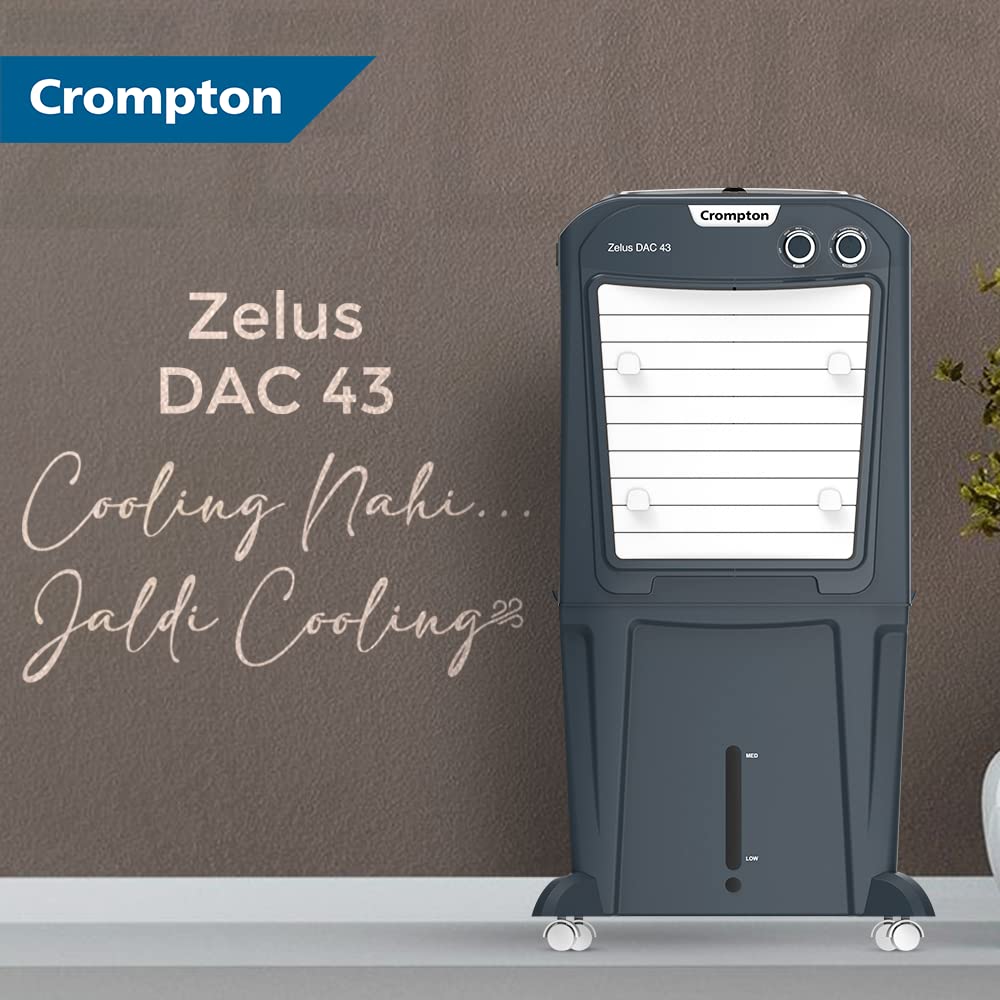 Crompton Zelus DAC Desert Air Cooler- 43L, with Everlast Pump, 4-Way Air Deflection and Honeycomb Pads, Grey, (ACGC-ZELUSDAC43)