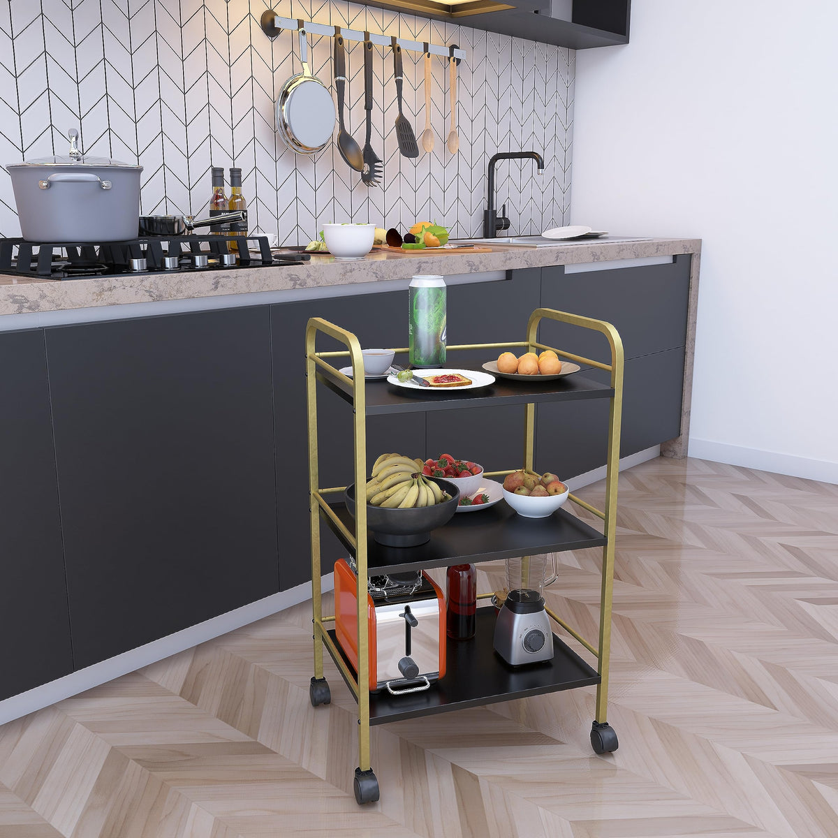 DECOWORLD || 3 Tier Premium Metal Rolling Trolley Cart Stand with Wheels|| Multifunctional Stand with Storage Rack Shelves || Space Saving Stand for Kitchen Bathroom Home and Office||Black & Golden