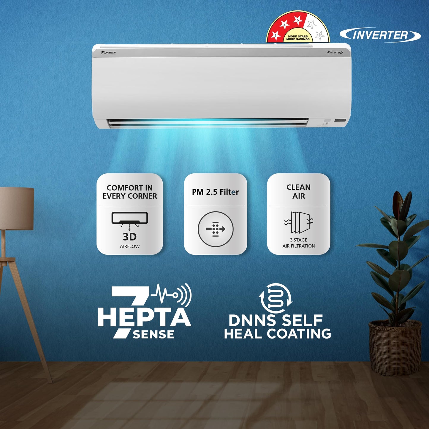 Daikin 1 Ton 3 Star Inverter Split AC (Copper, PM 2.5 Filter, 2024 Model, MTKL35UV16, White)