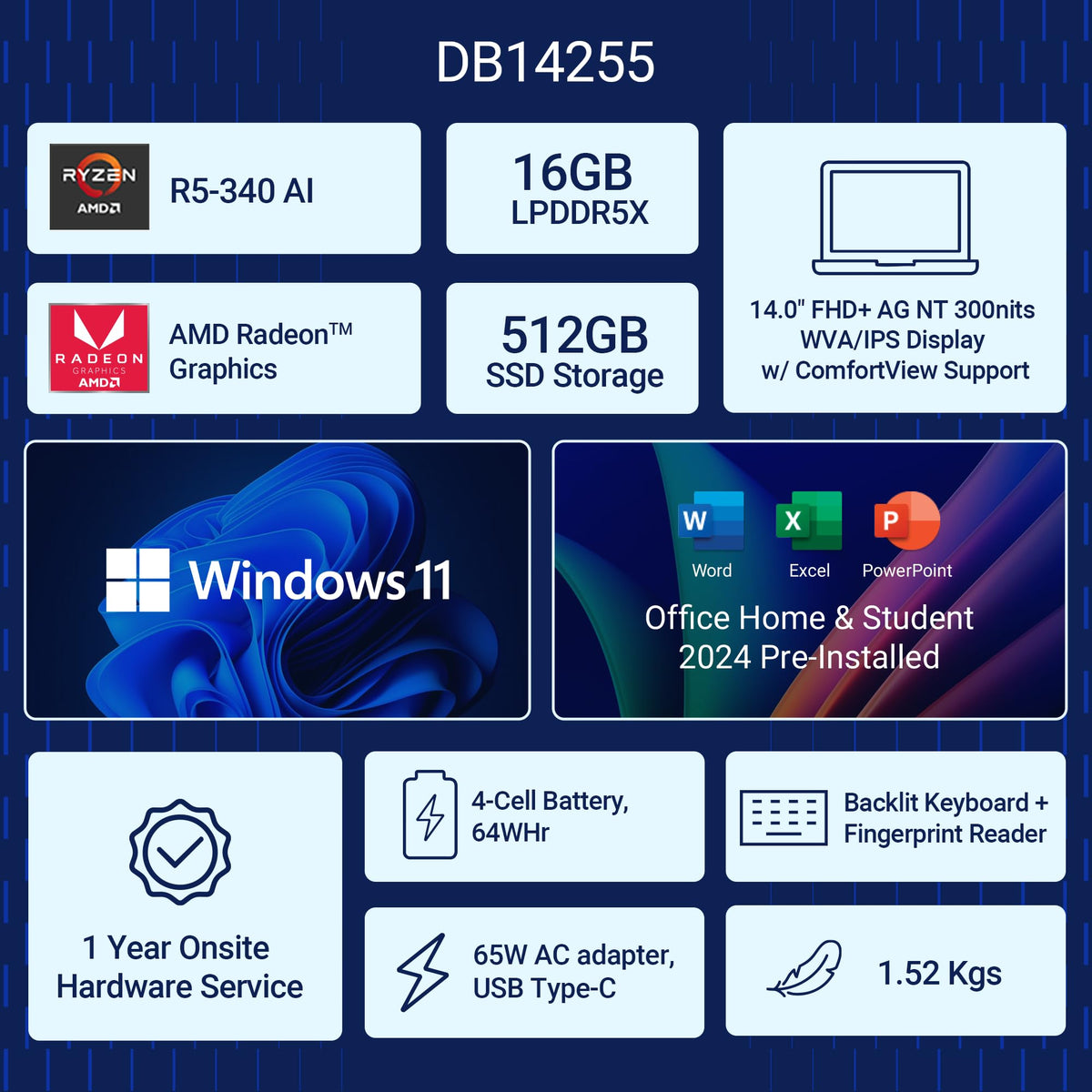 Dell DB14255, R5-340 AI Processor, 16GB LPDDR5X, 512GB SSD, FHD Plus 14"/35.56 cm, Win11+MSO 2024, Ice Blue, 1.52 Kg, 300 Nits IPS Display, AMD Radeon Graphics, Backlit+FPS Keyboard AI Powered Laptop