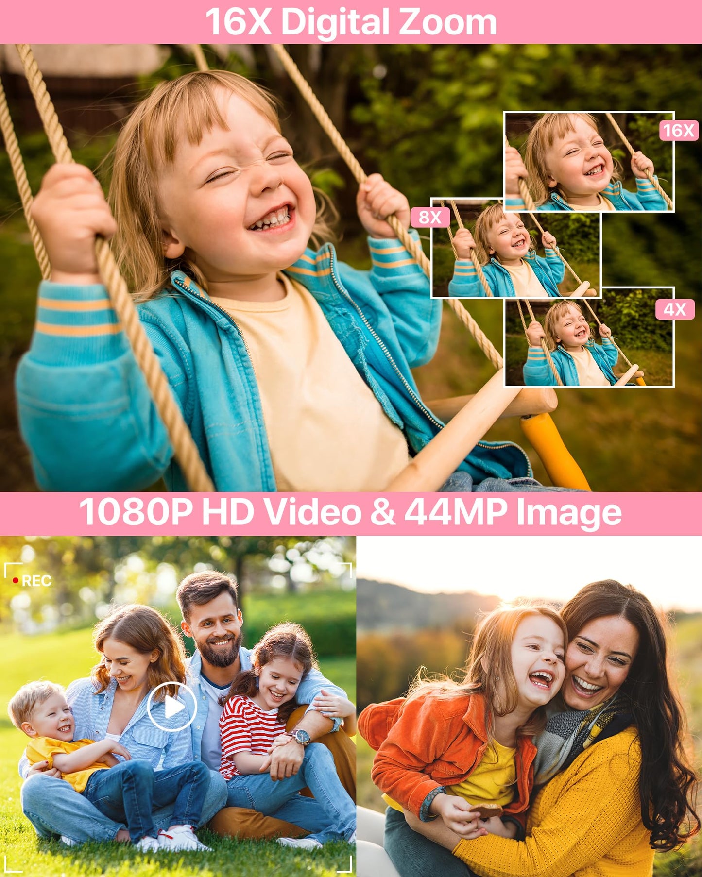 Digital Camera 1080P FHD Compact Digital Camera 44MP Portable Mini Small Photo Camera with 2.4" LCD Screen, 16X Digital Zoom and 1 Battery Vlogging Camera for Kids, Girls, Boys-Pink
