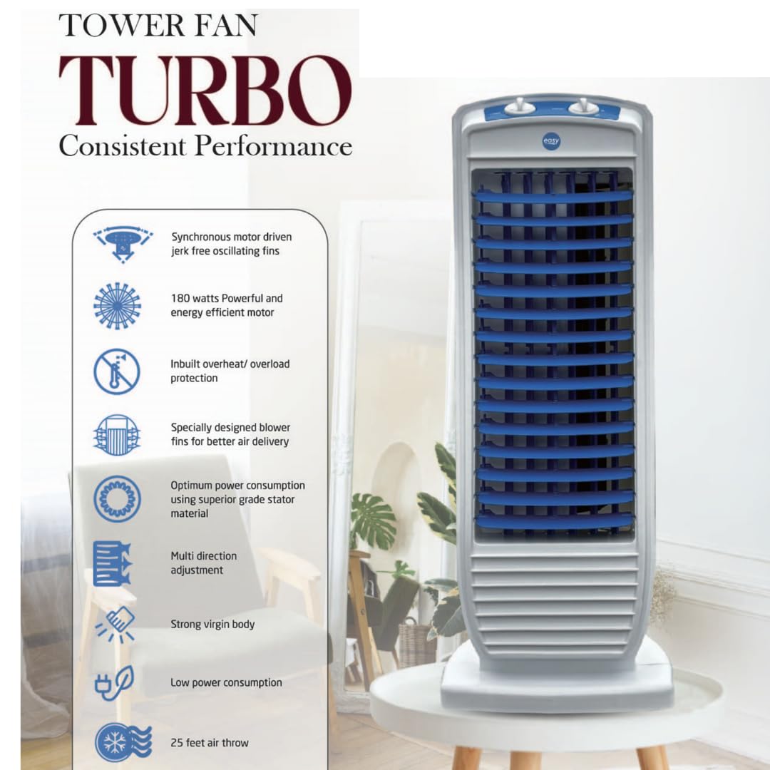 EASY High-Speed Tower Fan | 180W Powerful Motor, 25ft Air Throw, Multi-Directional Adjustment | Tower Fan for Home (White & Blue)