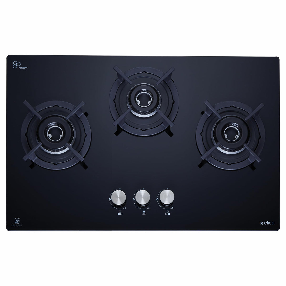 Elica 60cm 3 Burner Auto Ignition Hob | RG FLEXI HCT 360 DX LOTUS BK | Italian Sabaf Burners & Valves | Cast Iron Pan Support | Scratch-Resistant Black Glass | 2 Yr Warranty