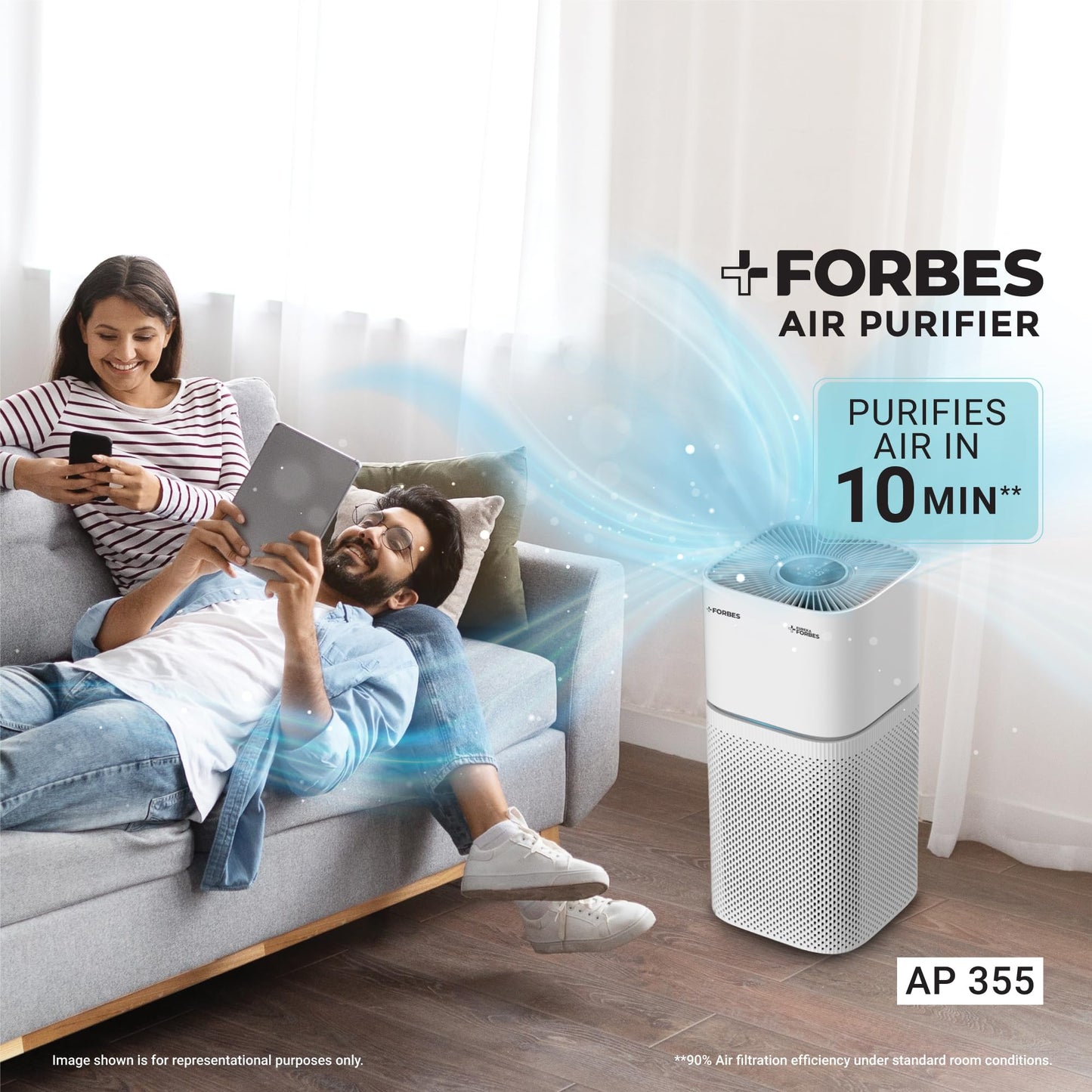 Eureka Forbes Air Purifier 355 With True Hepa H13 Filter & Surround 360° Air Technology|Removes 99.97% Dust & Particulate Matter|4-Stage Purification In 10 Mins|Covers 480 Sq. Ft.|Convenient,White