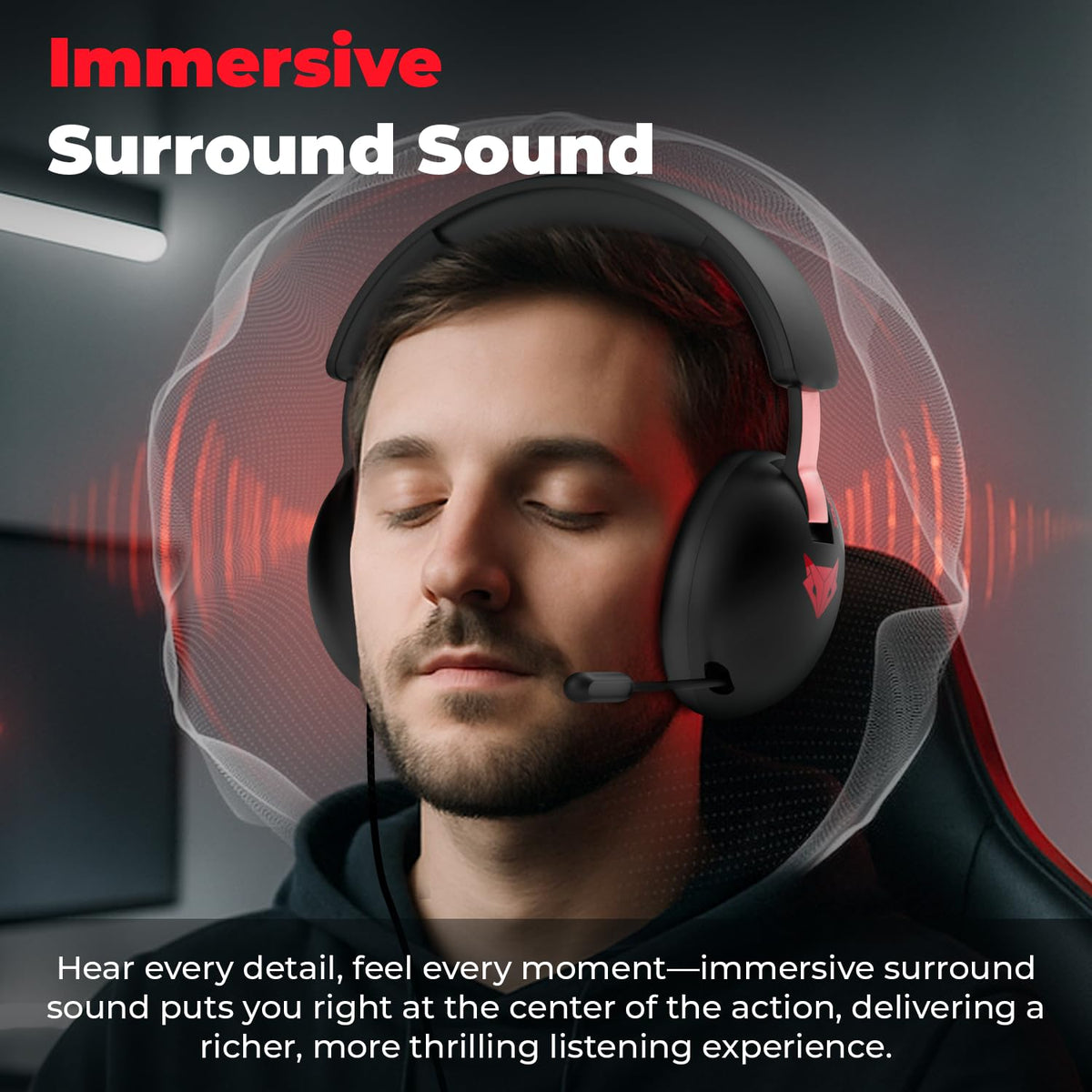 Evofox Hyperion Gaming Headphones with Mic - Black, 50mm Drivers, Immersive Surround Sound, Retractable Mic, Wired (3.5mm + Type-C), Inline Controls, Durable Build with Over Ear Swappable Ear Pads