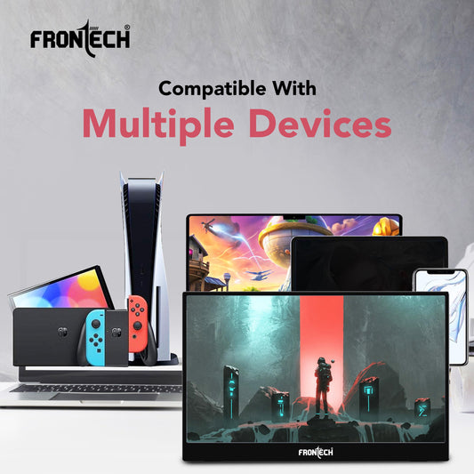 FRONTECH 15.6" Portable LED Monitor, Full HD IPS, Dual Type-C & Mini HDMI, Built-in Speakers, 180° Stand, Works with Laptop/PS5/Switch/Phone, 1-Year Warranty (MON-0023)