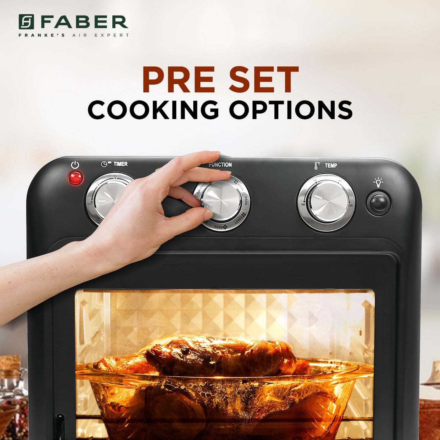 Faber 20 liter 1500 Watts Air Fryer Oven|Fry, Bake, Roast, Toast, Defrost, Grill, Reheat & Broil|85% Less Oil|Temperature & Timer Control, Preset Cooking Options, Convection Function, Auto-Off|(Black)