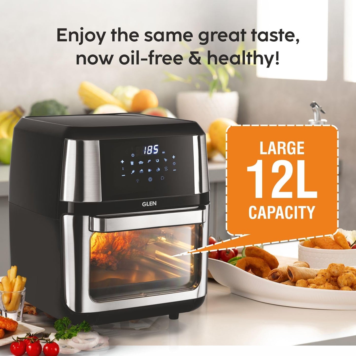 Glen Digital Air Fryer Oven for Home, 1800W, 10 Preset Menu Rotisserie, Electric Air Fryer Toaster Oven, Digital Display, Bake Roast Toast Defrost 12 Litre Digital Controls, Black (SA-3046DSS)