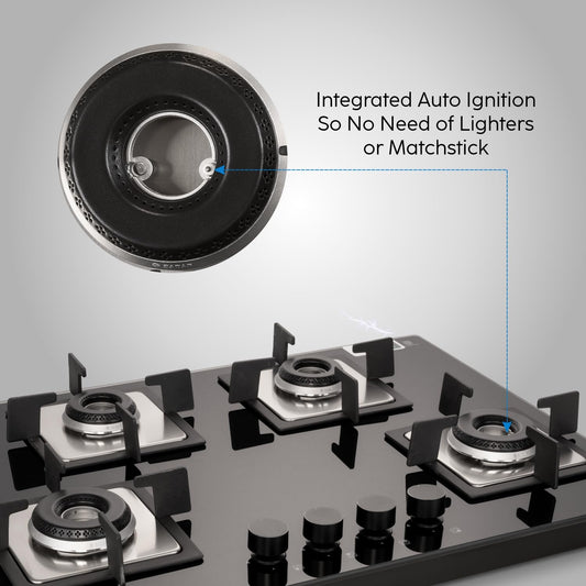 Glen Hob 4 Burner Gas Stove Hob Top | Built-In Hob Auto Ignition | 8 MM Thick Toughened Glass Black | Italian Burner with Double Ring Flame |Gas Stove 4 Burner Warranty 2 Years Standard 1074SQHTIN70