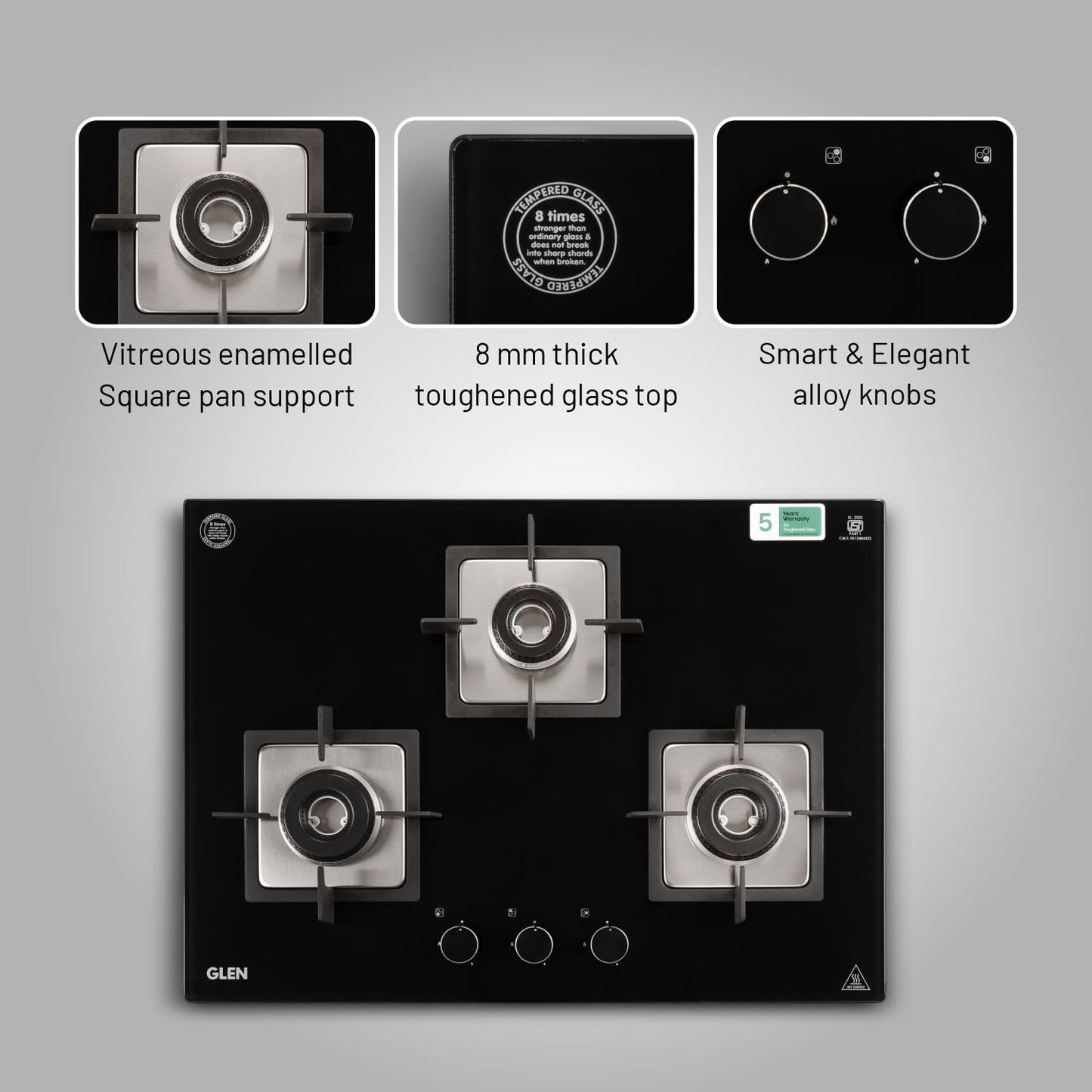 Glen Hob Top 3 Burner Built In Hob In Glass Hob Gas Stove 3 Burner Auto Ignition | 8 MM Toughened Glass | Italian Burner with Double Ring Flame Warranty 2 Years Standard (1073 SQ HT IN 70)
