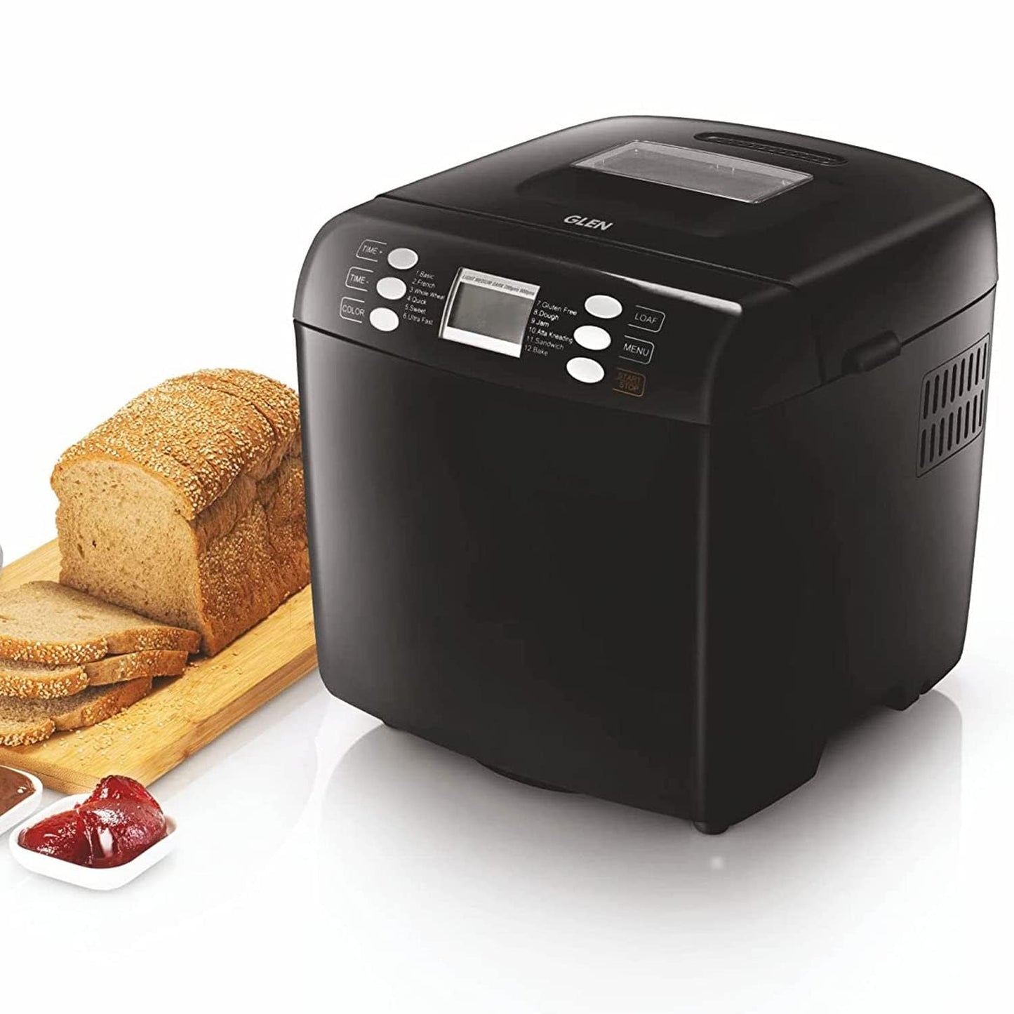Glen Plastic Bread Maker & Atta Kneader Machine, Fully Automatic, 700-900Gm, With Time Delay Start & 12 Pre-Set Functions, Non-Stick Baking Pan, 3 Crust Setting, Electronic Controls, 550W-Black(3039)