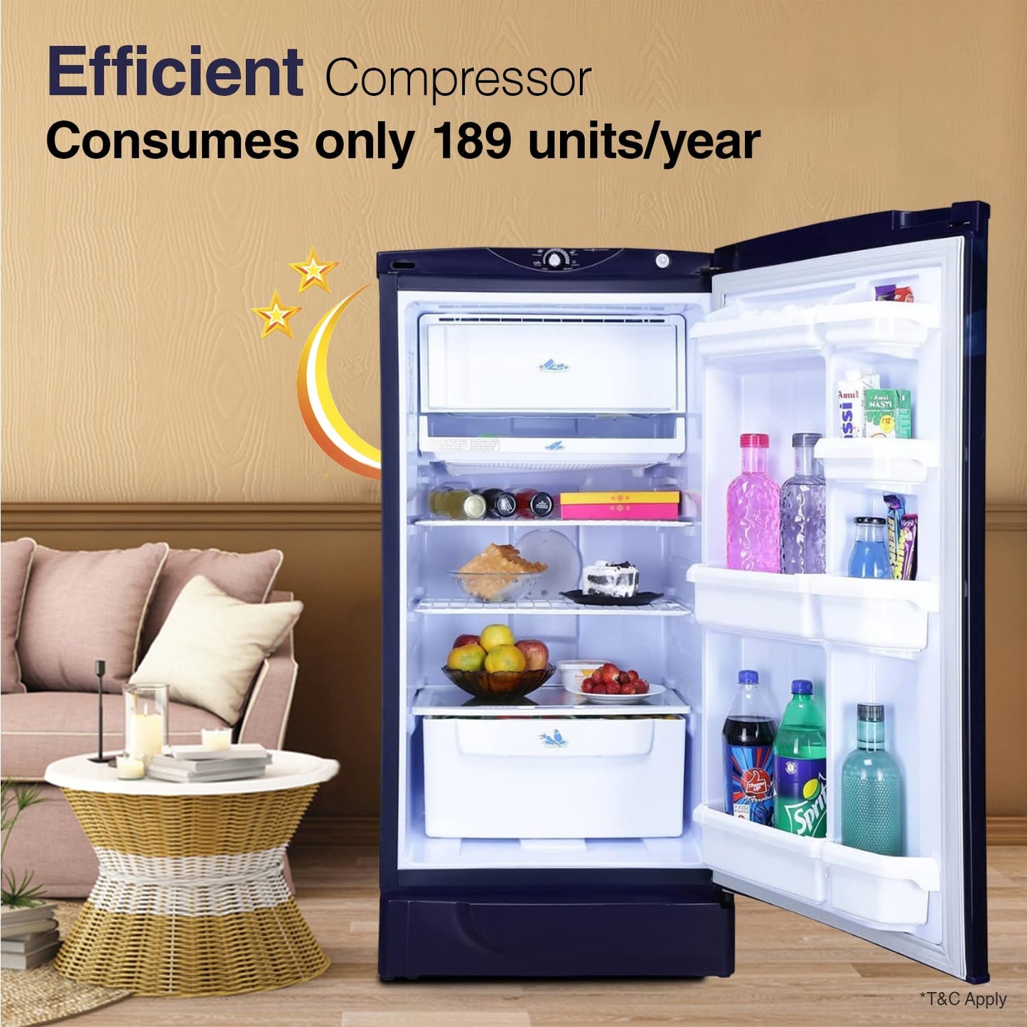 Godrej 180 L 2 Star Advanced Capillary Technology, With Jumbo Vegetable Tray Direct Cool Single Door Refrigerator(2023 Model, RD EDGE 205B WRF PP BL, Pep Blue)