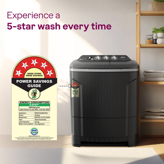 Godrej 8 Kg 5 Star, Wash Upto 8 King Size Bedsheets, 370 W PowerMax Motor, 1440 RPM Spin, Magic Lint Fliter, Semi Automatic Top Load Washing Machine (WSEDGE CLS 80 5.0 EN2 M CSGR, Crystal Grey)
