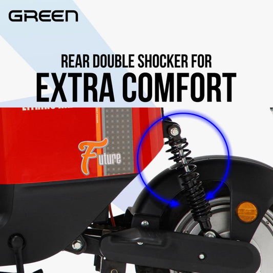 Green Udaan Low Speed Electric Scooter Non RTO 30KM Range Red with Portable Charger