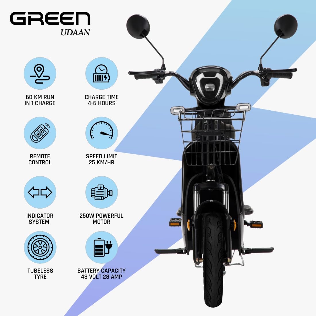 Green Udaan Low Speed Electric Scooter Non RTO 60KM Range Black with Portable Charger
