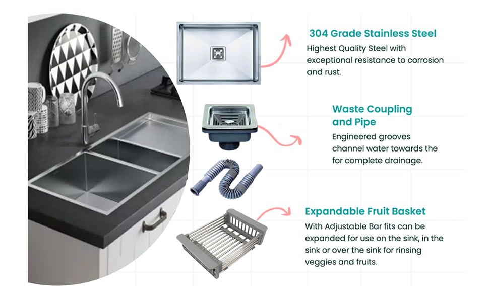 HAPPY HOMES Modular Kitchen Sink (24X18X10 Inch), Matte Satin Finish 304 Grade Stainless Steel with Nanocoated Undercoating |Square Coupling and Metal Fruit Basket | 7 Years Warranty|
