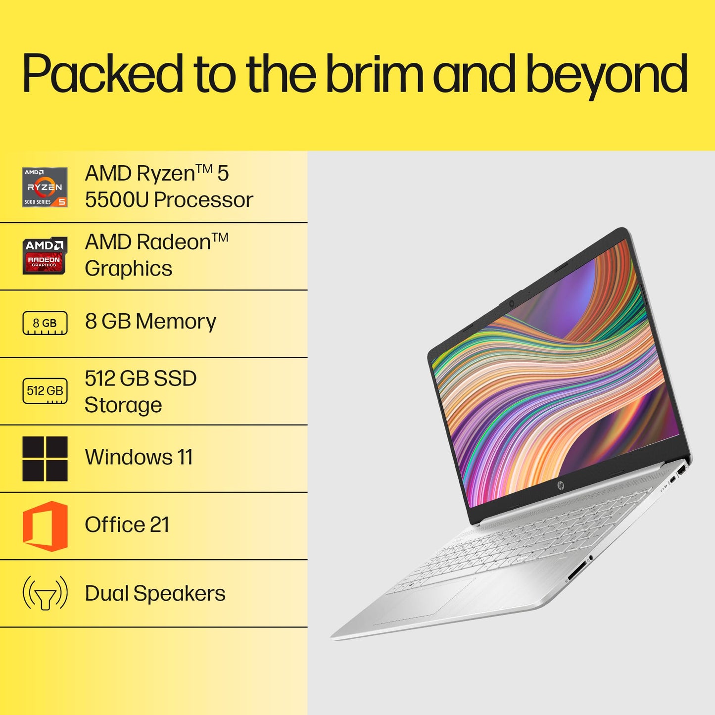HP 15s, AMD Ryzen 5 5500U, 8GB DDR4, 512GB SSD, (Win 11, Office 21, Silver, 1.69kg), Anti-Glare, 15.6-inch(39.6cm), FHD Laptop, AMD Radeon Graphics, HD Camera, Dual Speakers, eq2144AU