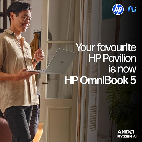 HP Smartchoice OmniBook 5 (Previously Pavilion) 50 Tops, AMD Ryzen AI 5 340 (16GB LPDDR5X, 512GB SSD) WUXGA 2K, 16''/40.6cm, Win11, Office24, Silver, 1.79kg, ag1037au, Next Gen AI Copilot+ Laptop