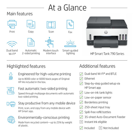 HP Smart Tank 790 All-in-One Auto Duplex WiFi Colour Printer with ADF and FAX, Print, Scan & Cope for Office with ADF and FAX