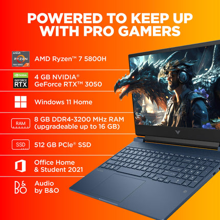 HP Victus, AMD Ryzen 5 5600H, NVIDIA RTX 3050, 16GB DDR4, 512GB SSD (Win11, Office21, Blue, 2.37kg) 144Hz, 9MS, IPS, 15.6-inch(39.6cm) Gaming Laptop, Backlit kb, Enhanced Cooling, fb0106AX/Fb0112AX