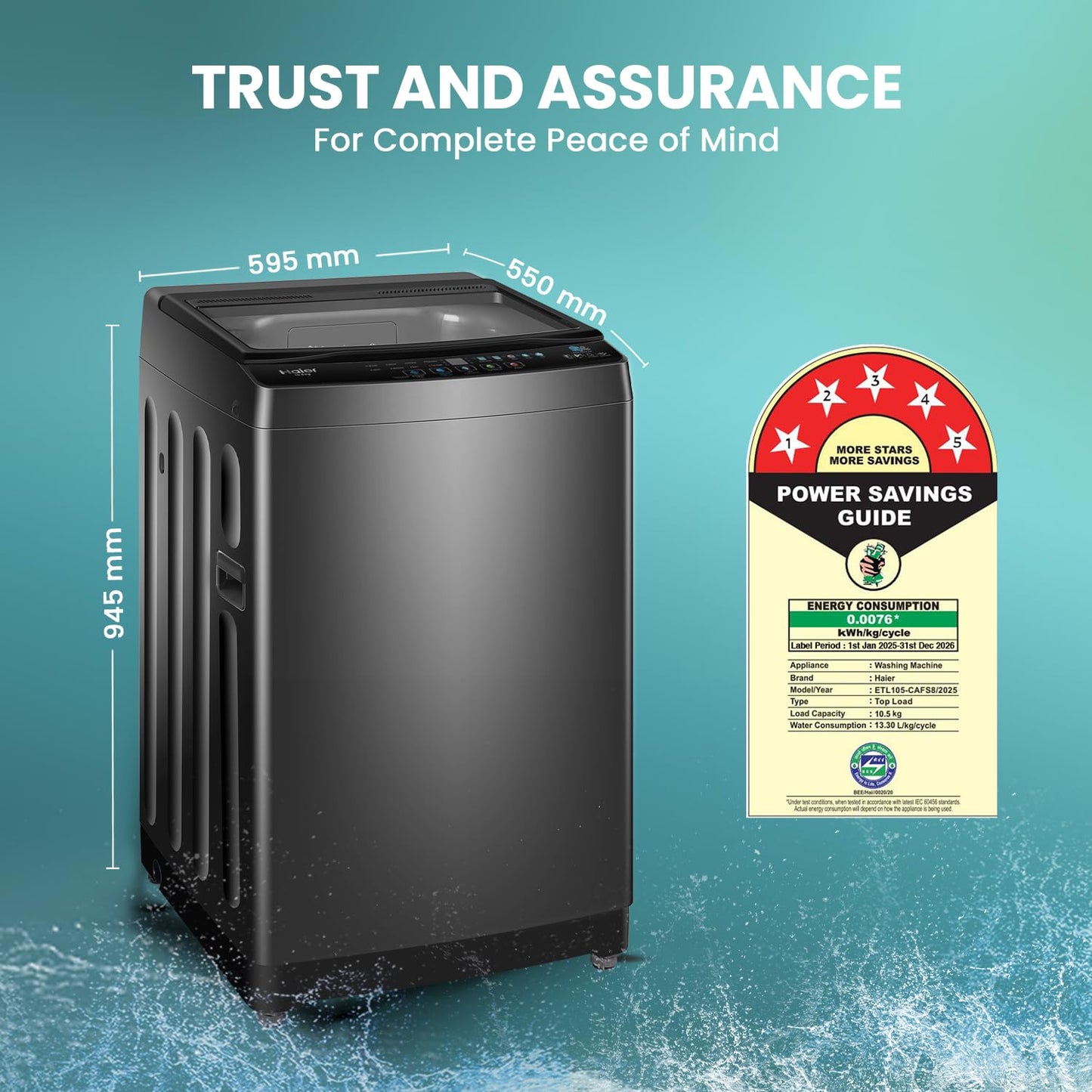 Haier 10.5 Kg 5 Star Fully Automatic Top Load Washing Machine With Ultra Fresh Air Technology, Oceanus Wave Steel Drum (ETL105-CAFS8, Grey, Black, Custom Wash Cycles, 15 Mins Quick Wash)