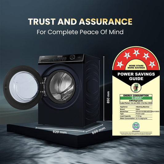 Haier 11 Kg (Wash) / 7 Kg (Dry), 5 Star, Powered by AI-DBT, Direct Drive Technology, Wifi, PuriSteam, I-Refresh, Front Load Fully Automatic Washer Dryer, (EFLD110-DM14IEICBKU1, In-built Heater,Black)