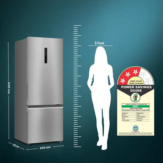 Haier 325 L, 3 Star, Convertible 14-in-1 Triple Inverter & Fan Motor Technology, with Display Frost Free Double Door Bottom Mount Refrigerator (HEB-333DS-P, Dazzle Steel)