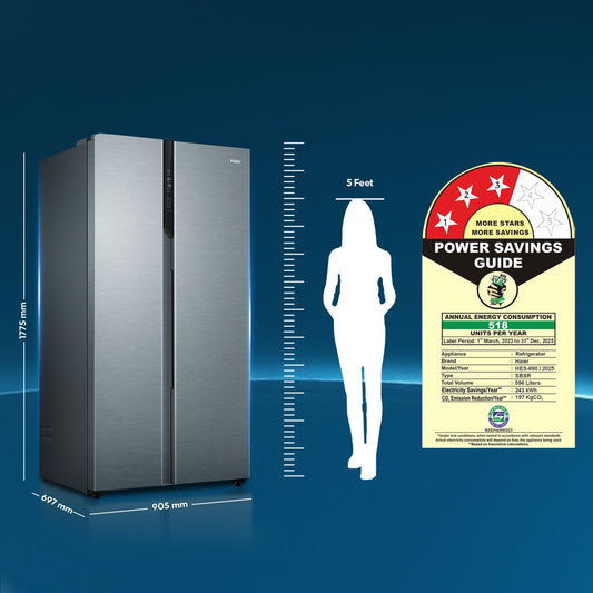 Haier 596 L, 3 Star, 100% Convertible Fridge Space, Expert Inverter, Frost Free Side by Side Refrigerator, (HES-690SS-P, Shiny Silver)