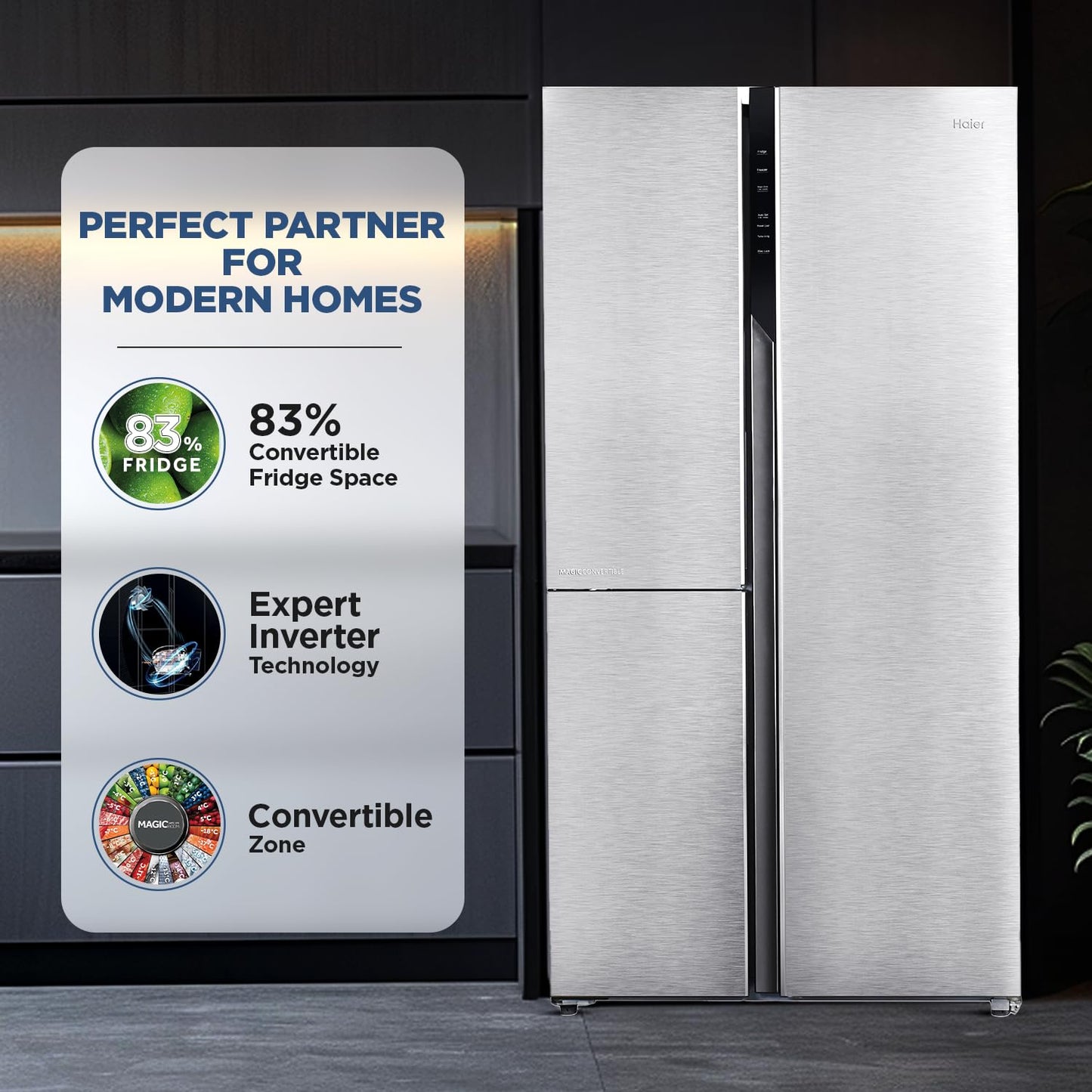 Haier 598 L, 3 Star, 83% Convertible Fridge Space, Expert Inverter, Frost Free, Side by Side Refrigerator, (HRT-683IS, Inox Steel)